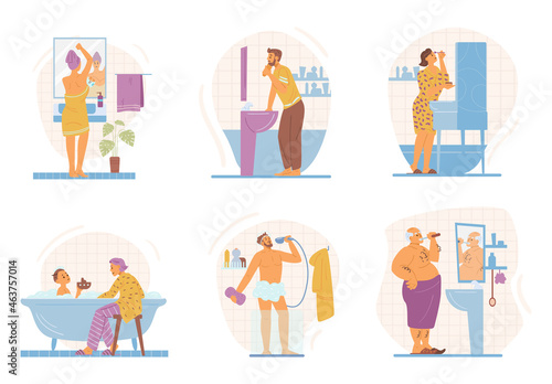 Set of cartoon characters doing hygiene or cosmetic procedures at home bathroom.