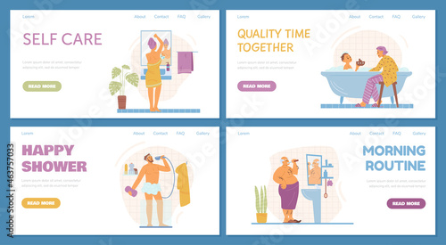 Landing pages or web template for site with illustrations of people in bath doing routine daily tasks. Flat vector cartoon illustrations of characters in bathroom.