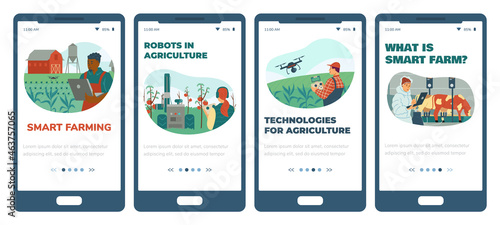 Smart farm agricultural technologies mobile pages kit, flat vector illustration.