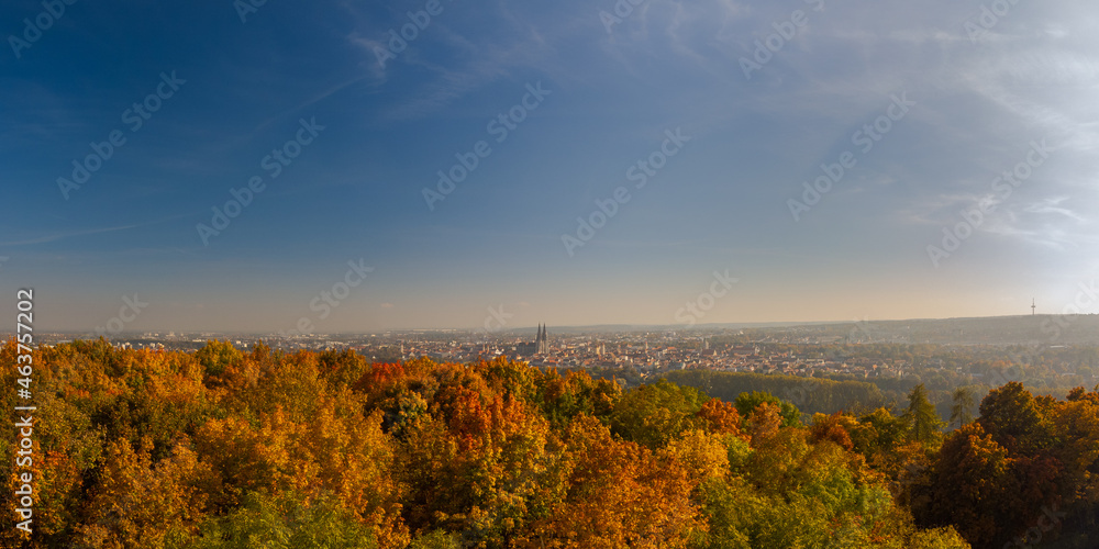 Drone looking over skyline of Regensburg, Bavaria behind beautiful colorful variegated autumn foliage of deciduous forest on sunny day in October