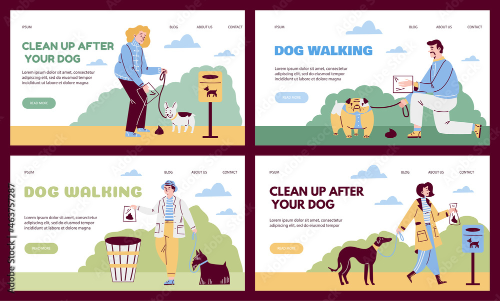 Clean after dog web banners with owners picking up waste, vector illustration.