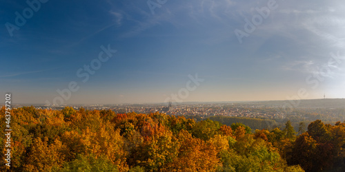Drone looking over skyline of Regensburg, Bavaria behind beautiful colorful variegated autumn foliage of deciduous forest on sunny day in October