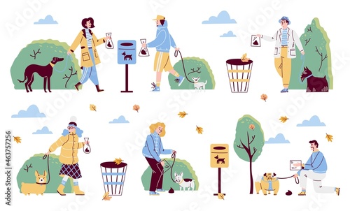 Set of images of people cleaning up poop after their pets in park