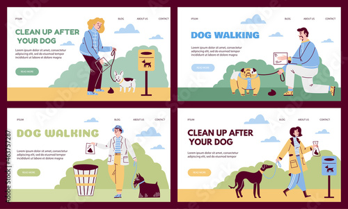 Clean after dog web banners with owners picking up waste, vector illustration.