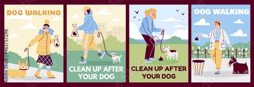 Set of vector flat cartoon illustrations for posters with owners who walk their dogs in park and clean up after their pets.