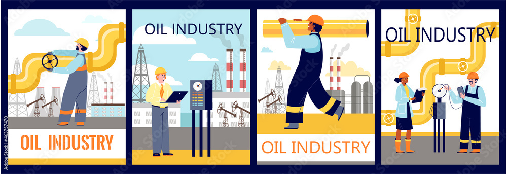 Oil industry banners set with pipeline workers, flat vector illustration.