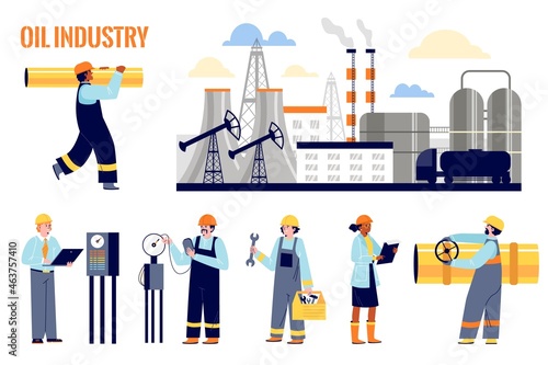 Set of various oilmen in oil or gas industry in flat vector illustration