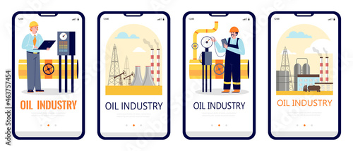 Oil industry onboarding pages with workers of industry, flat vector illustration.