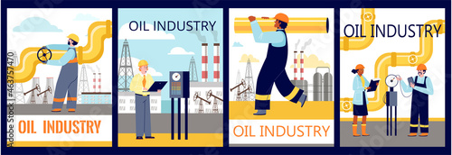 Oil industry banners set with pipeline workers, flat vector illustration.