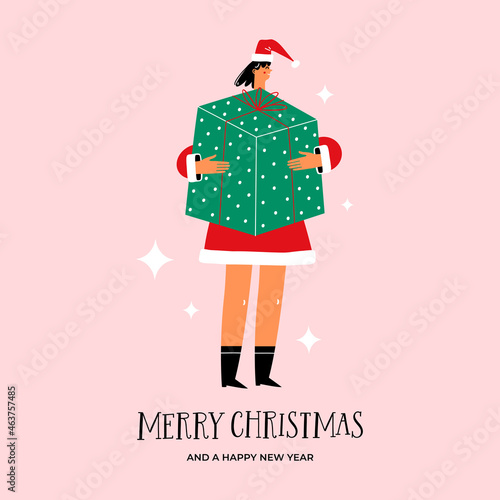 Merry Christmas and Happy New Year greeting card with girl holding big gift box. 