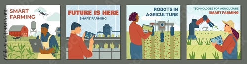 Set of vector flat style illustrations with innovation agricultural technologies, smart farming.