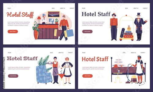 A set of landing pages templates for advertising hospitality service. Friendly hotel staff in uniform serves guests. Vector flat illustrations.