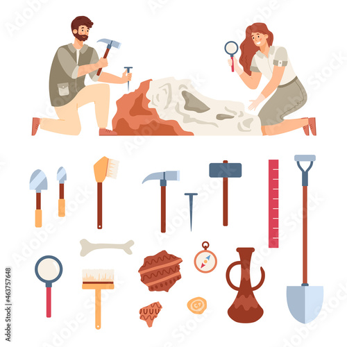 Tools for archeology excavations, ancient artifact and working archaeologists.