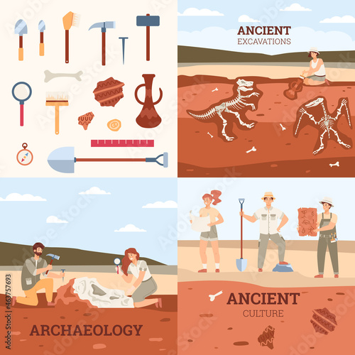Archaeological banners or posters collection, flat vector illustration.