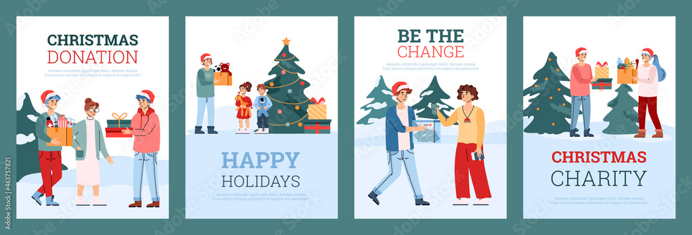 Set vector posters with volunteers gathering holiday donate for christmas charity Set vector posters with volunteers gathering holiday donate for christmas charity