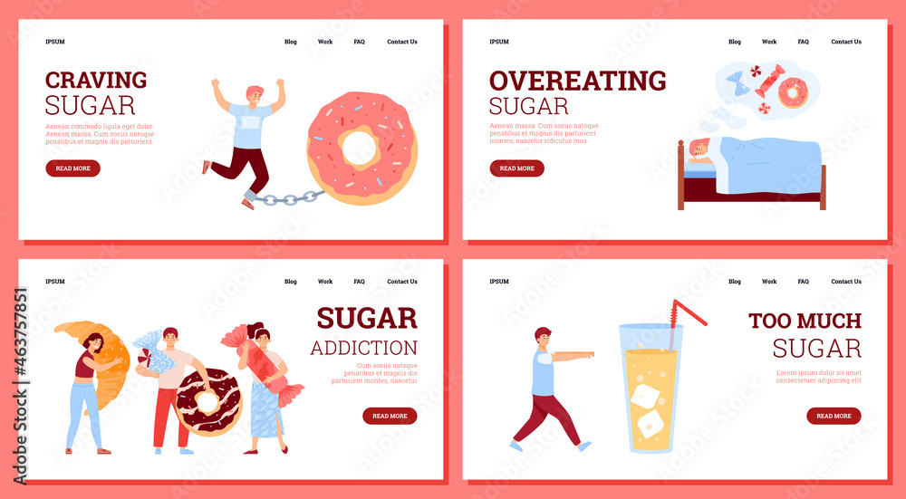 Set of banner templates with concept of sugar addiction, unhealthy food