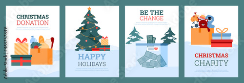 Christmas charity and donation banners or posters flat vector illustration.