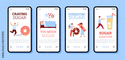 Set of vector mobile phone apps for people suffering sugar addictions.