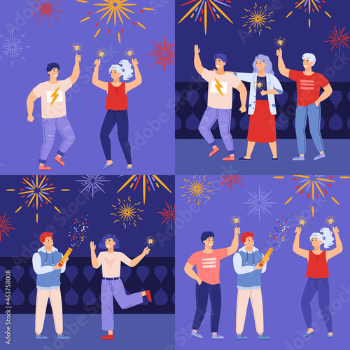 Banners with people celebrating party with fireworks, flat vector illustration.