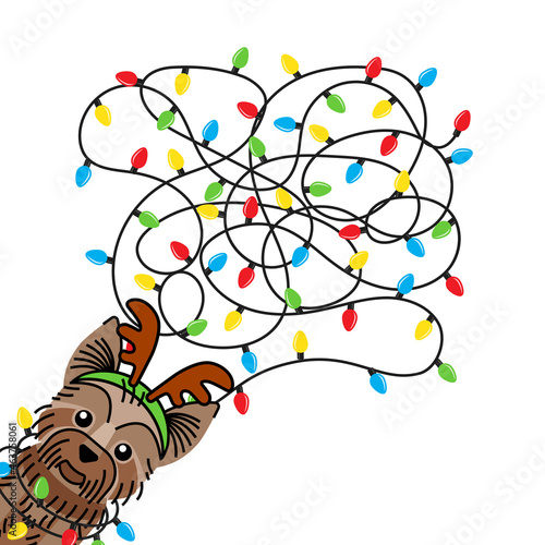 Dog tangled christmas lights in costume deer