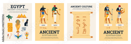 Set of four posters with ancient egyptian mythology concept in flat cartoon style vector
