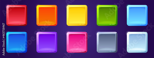 Set of game ui app icons, square buttons, cartoon menu interface colorful blocks. Gui graphic design elements for user panel settings red, blue, yellow, green, purple isolated 2d vector illustration