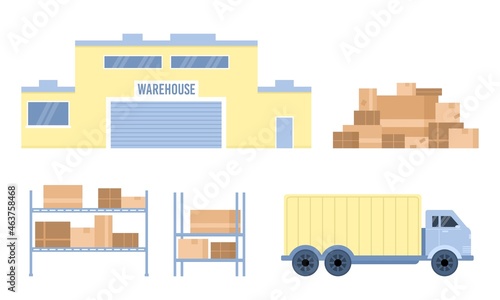 Warehouse logistic company facility and transport, vector illustration isolated.