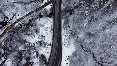 Drone view of winter wonderland, snow-covered Rishki mountain pass, Bulgaria photo