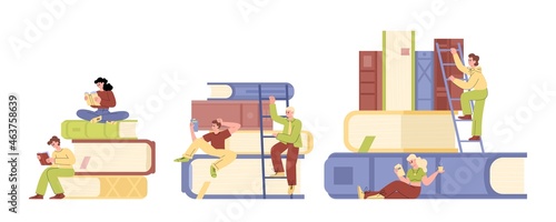 Groups of people climbing on books, flat vector illustration isolated.