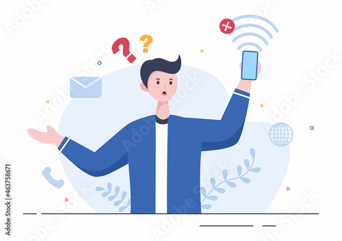 Lost Wireless Connection or Disconnected Cable, No Wifi Signal Internet, Page Not Found on Display Smartphone Screen. Background Vector Illustration