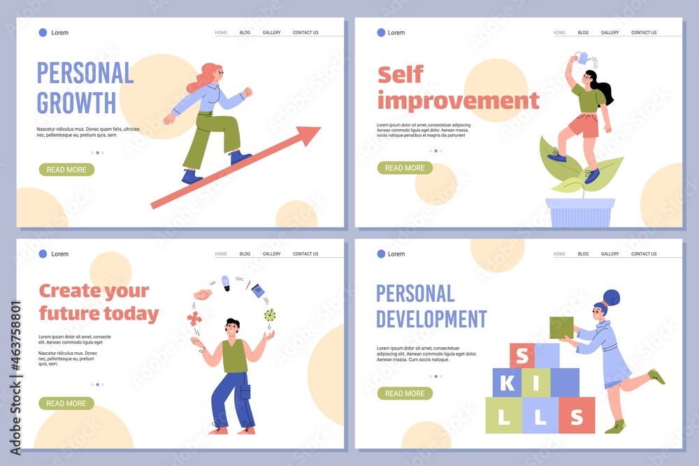 Personal development and self improvement web banners flat vector illustration.