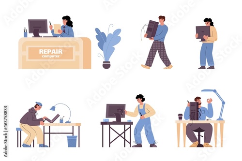 A set characters working at computer repair service a vector illustrations.