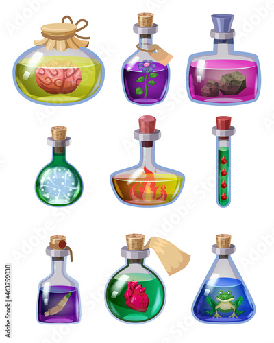 Set of bottles magic potion. Game icons liquid elixir colorful with heart, fire, blood, frog, flower. Vector game asset app UI