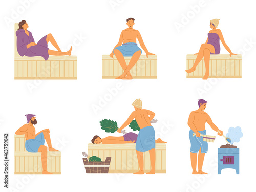 People in wellness club steaming in sauna, flat vector illustration isolated.