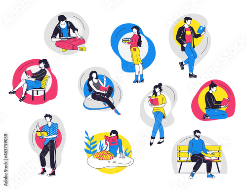 People read books. Cartoon trendy man and woman student characters reading, home learning and literature hobby. Vector modern leisure collection