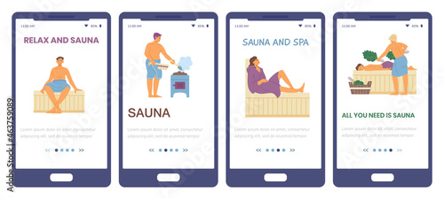Onboarding screen interfaces kit for sauna and SPA, flat vector illustration.