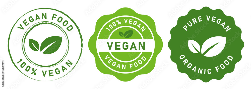 vegan food stamp label for vegetarian green leaf circle seal sticker vector graphic isolated set - obrazy, fototapety, plakaty 