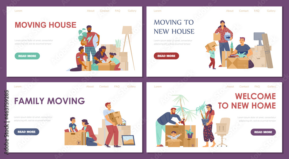Family moving new house webpages collection, flat vector illustration. Family moving new house webpages collection, flat vector illustration.