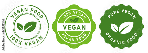 vegan food stamp label for vegetarian green leaf circle seal sticker vector graphic isolated set photo