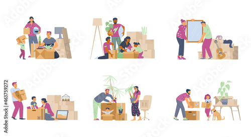 Happy family move in new house packing things preparing for relocation