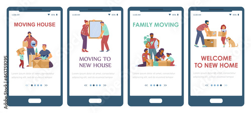 Set of mobile phone apps for relocation services of family at new house.