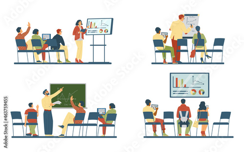 Business training or seminar scenes set of flat vector illustrations isolated.