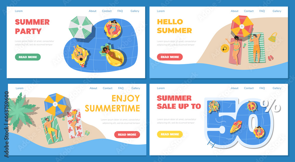 Summer pool or beach party and sale web banners set, flat vector illustration.