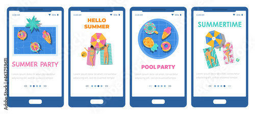Mobile phone screens with concept fun pool party and summer vacation on resort