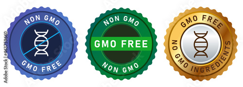 non GMO free no genetically modified organism set emblem sticker tag badge symbol in gold blue and green