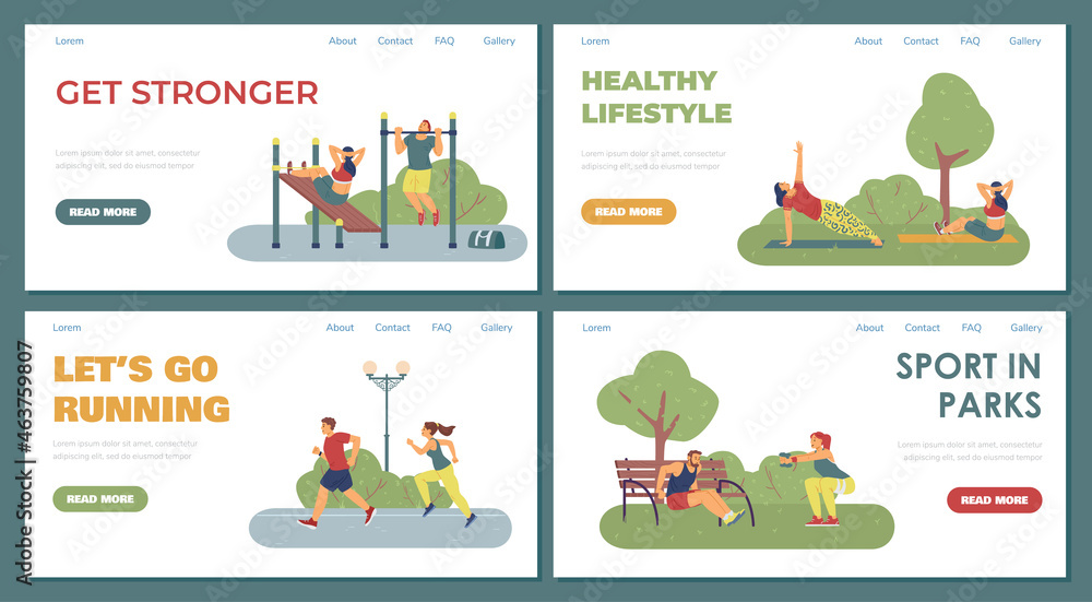 Set of vector web banners promoting healthy lifestyle and playing sport outdoor.