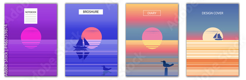 Set Cover backgrounds design template for book, notebook, flyer, banner, poster, card. Abstract seascape ocean sunset view minimalist style. Vector illustration