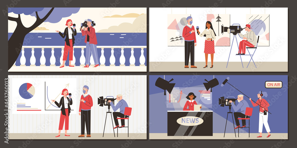 Set of web banner templates with characters of news anchors, journalists Set of web banner templates with characters of news anchors, journalists