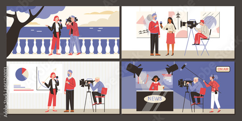 Set of web banner templates with characters of news anchors, journalists