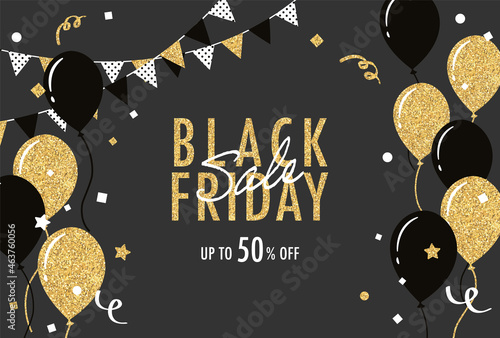 festive vector background with gold balloons and confetti for Black Friday banners, cards, flyers, social media wallpapers, etc.